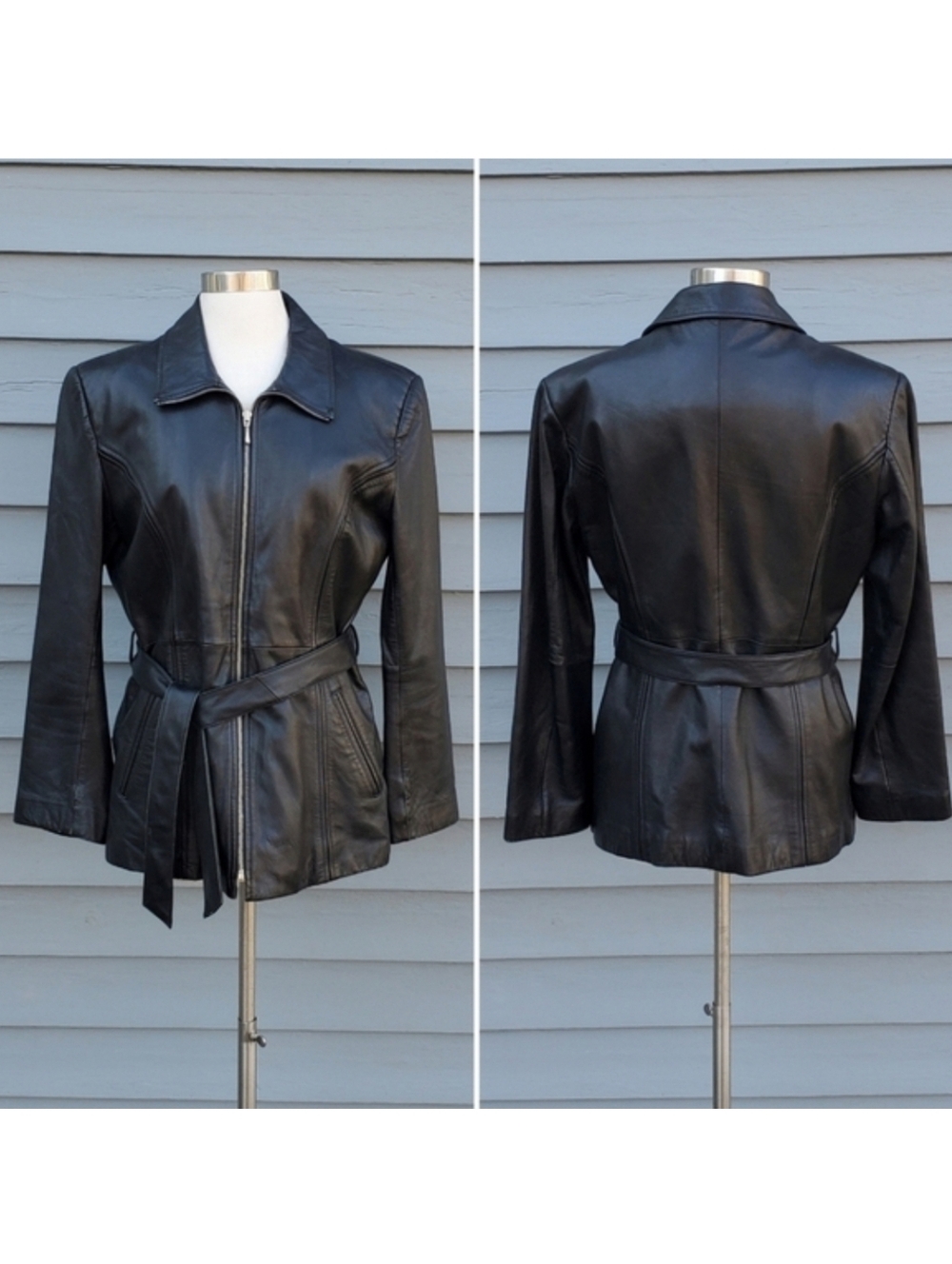 Vintage 90s y2k Wilson's Black Leather Mid Length Belted Insulated Coat Jacket M